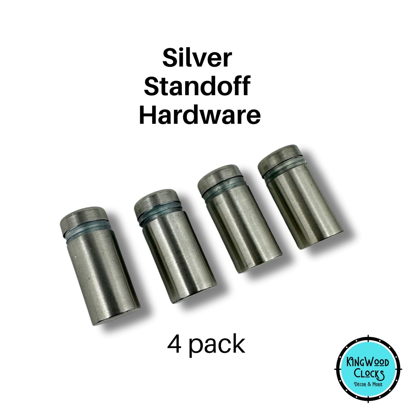 Four silver standoff hardware components on a white background with 'Kingwood Clocks' branding.