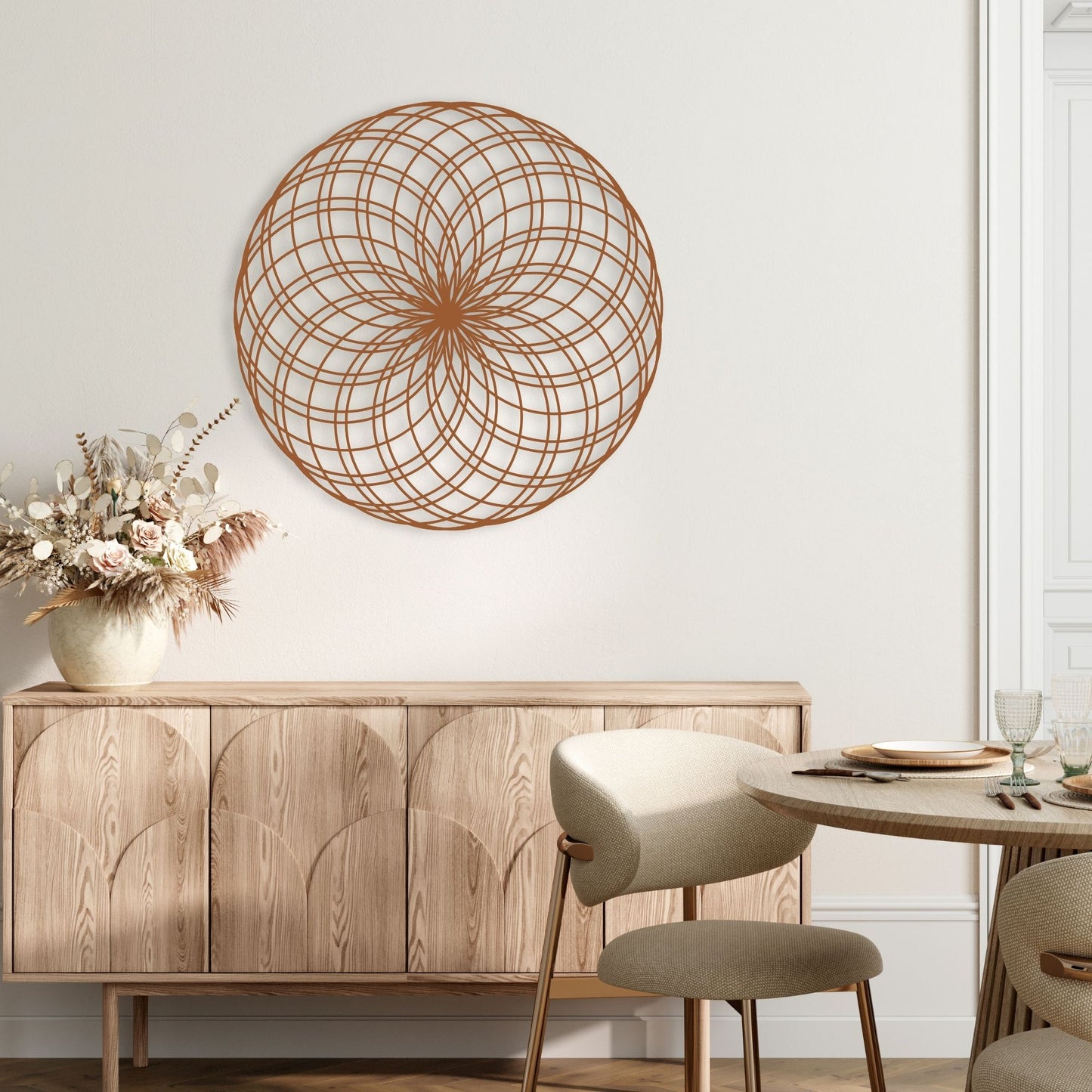 Dining room with wooden sideboard, round wall art, and table setting.