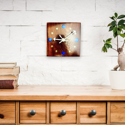 Small Walnut Wall Clock w/ Epoxy Inlay Blue and Pearl White Wall Art, Desk Clock for His Office, Unique Fifth Anniversary Gift, Shelf Clock