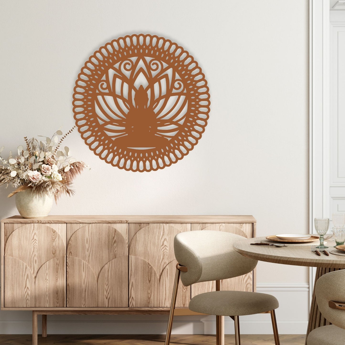 Decorative wall art above a wooden cabinet in a dining room setting.