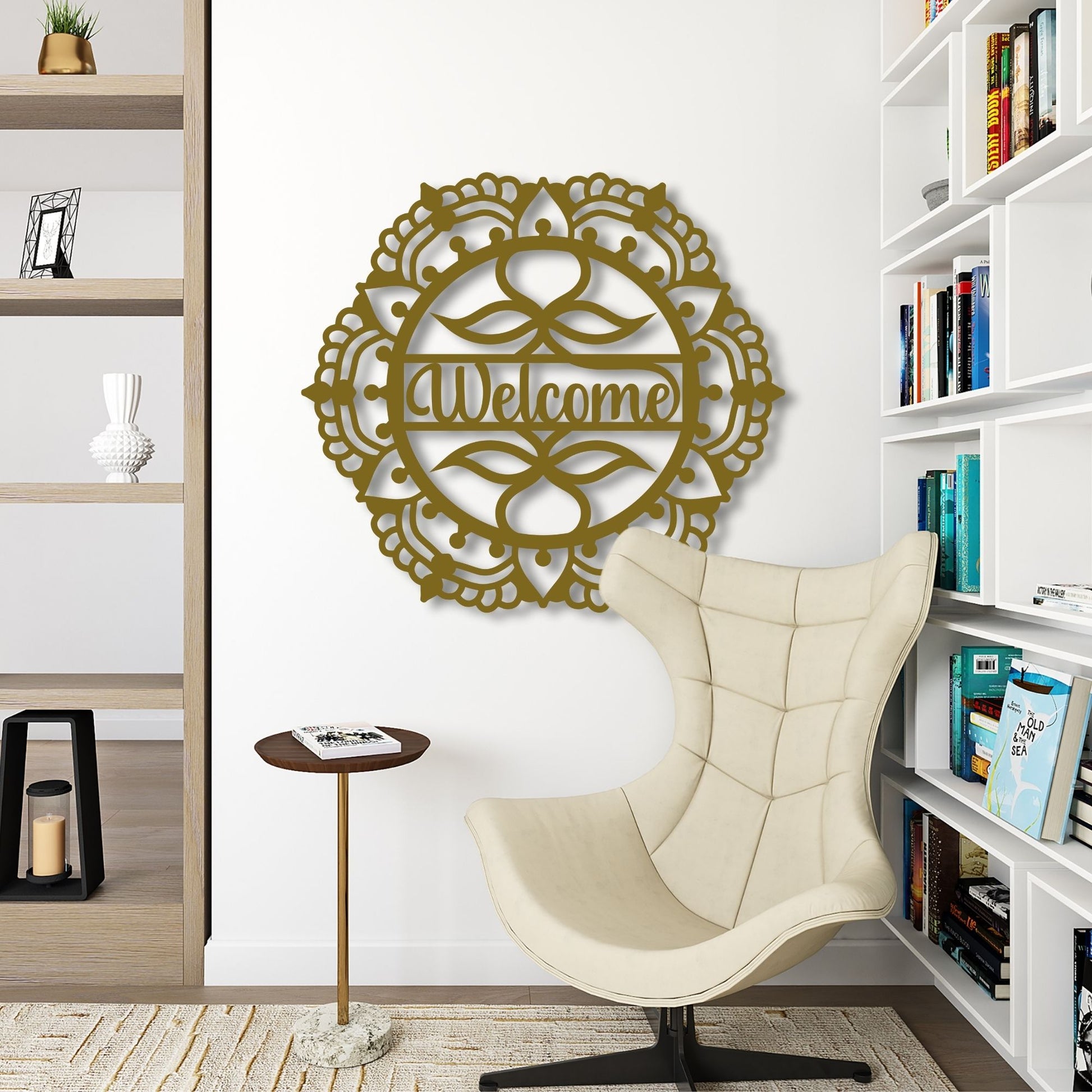 gold welcome mandala on wall at reading corner