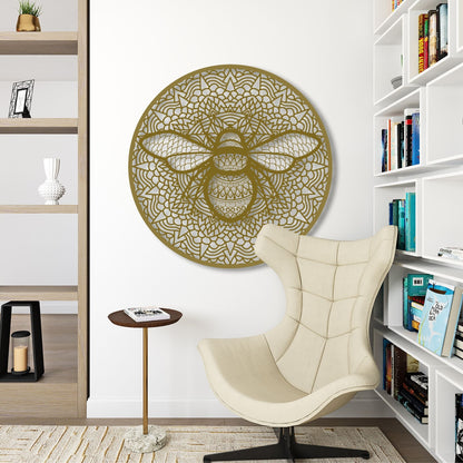 Decorative wall art of a bee in a living room setting with a chair and bookshelf.