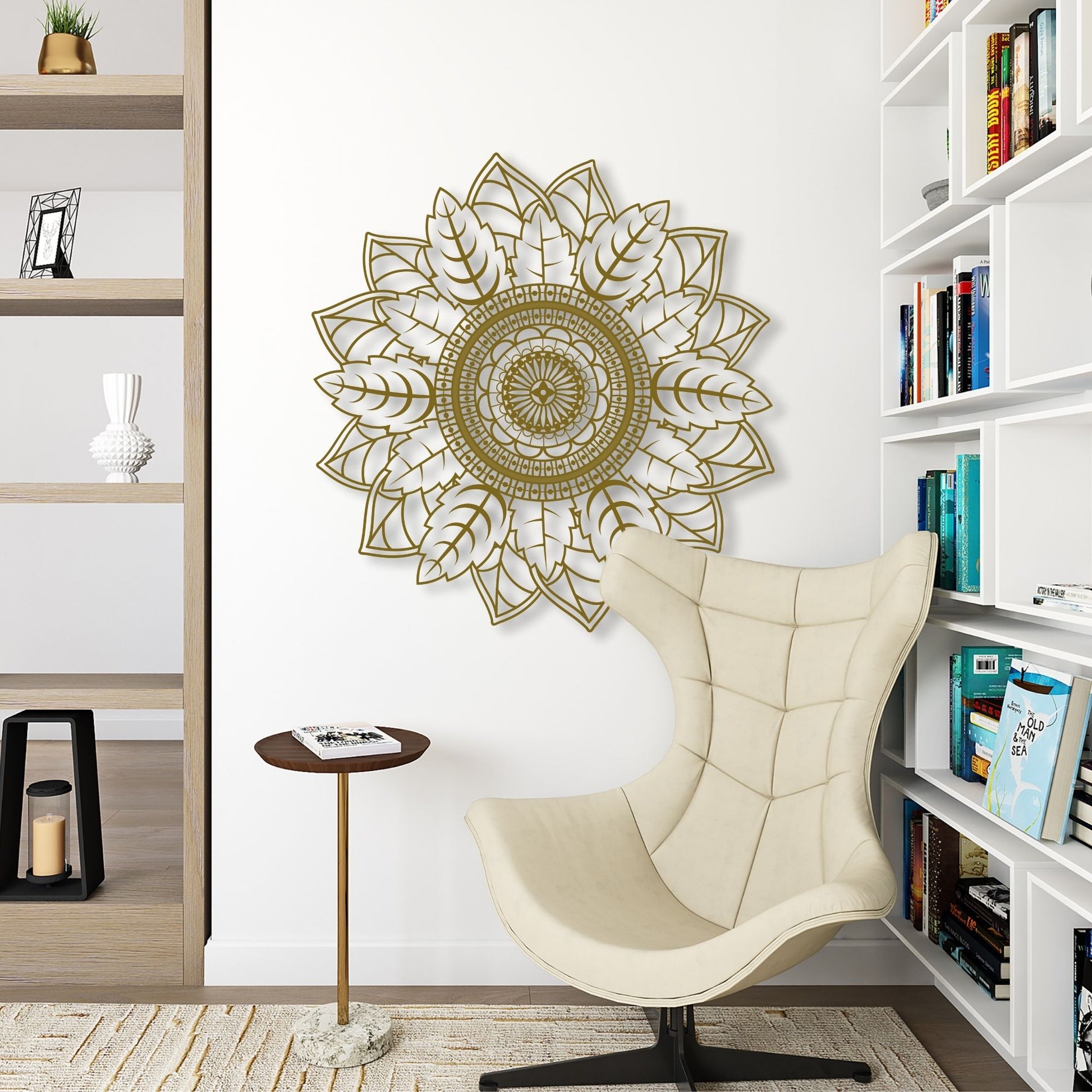 Decorative wall art in a living room setting with a chair and bookshelf.