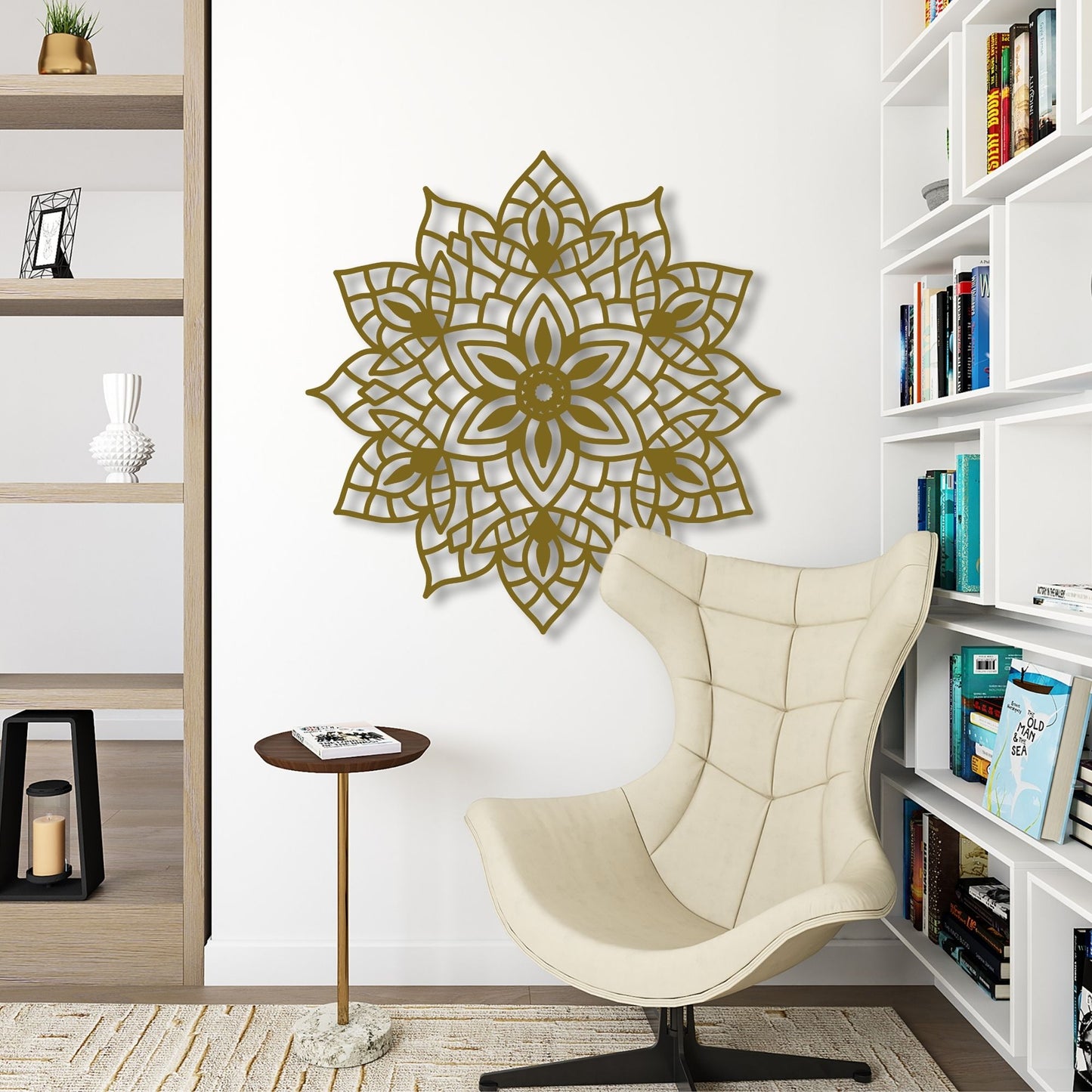 Decorative wall art in a living room setting with a chair and bookshelf.