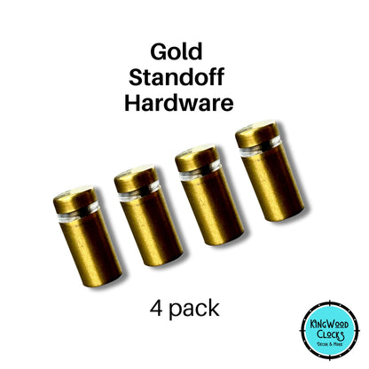 Gold standoff hardware with '4 pack' text on a white background, featuring Kingwood Clocks logo.