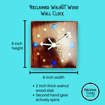 Small Walnut Wall Clock w/ Epoxy Inlay Blue and Pearl White Wall Art, Desk Clock for His Office, Unique Fifth Anniversary Gift, Shelf Clock