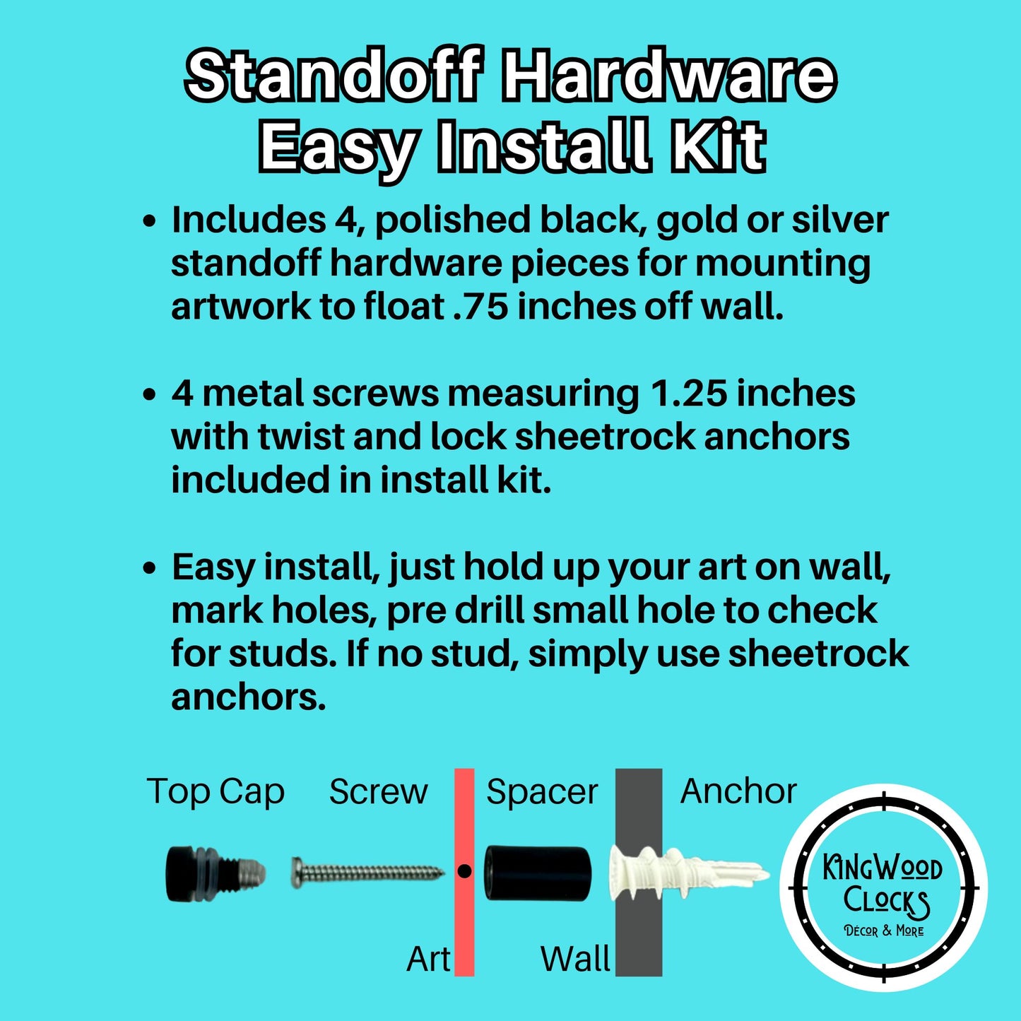 Standoff hardware easy install kit description on a blue background with Kingwood Clocks logo.
