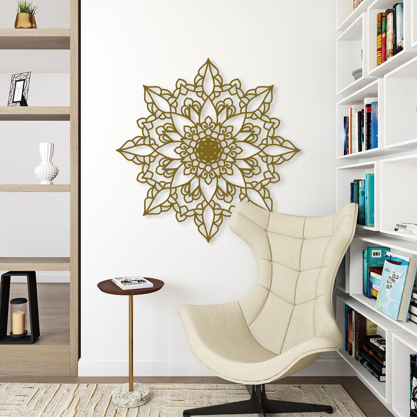 Decorative wall art in a room with a chair and bookshelves.
