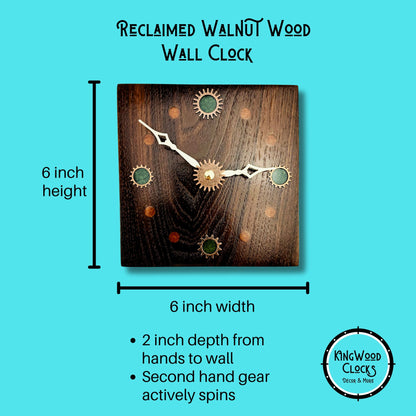 Walnut Wood Wall Clock w/ Metal Gears, Epoxy Inlay Burnt Orange and Earth Green Handmade Wood Art, Unique Wooden Gift Ideas, Steampunk Decor