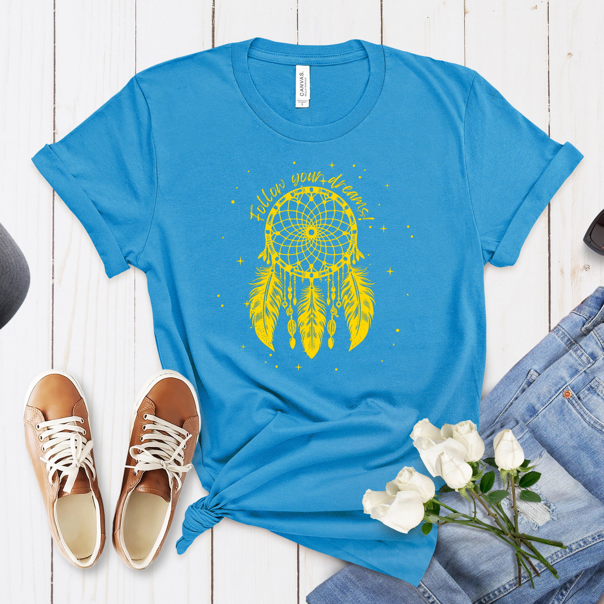 Starry Dreamcatcher T-Shirt, Unisex, Native American Style, Follow Your Dreams, Boho Apparel, Girls Outfits, Womens TShirts, For Her Gifts aqua blue laid out
