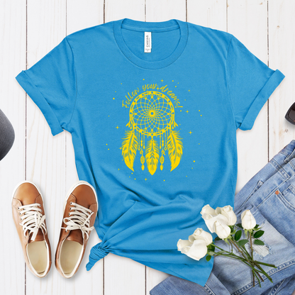 Starry Dreamcatcher T-Shirt, Unisex, Native American Style, Follow Your Dreams, Boho Apparel, Girls Outfits, Womens TShirts, For Her Gifts aqua blue laid out