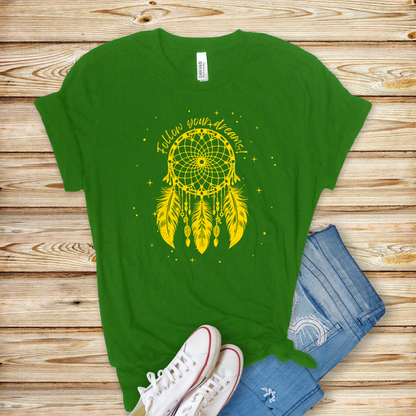 Starry Dreamcatcher T-Shirt, Unisex, Native American Style, Follow Your Dreams, Boho Apparel, Girls Outfits, Womens TShirts, For Her Gifts green leaf laid out