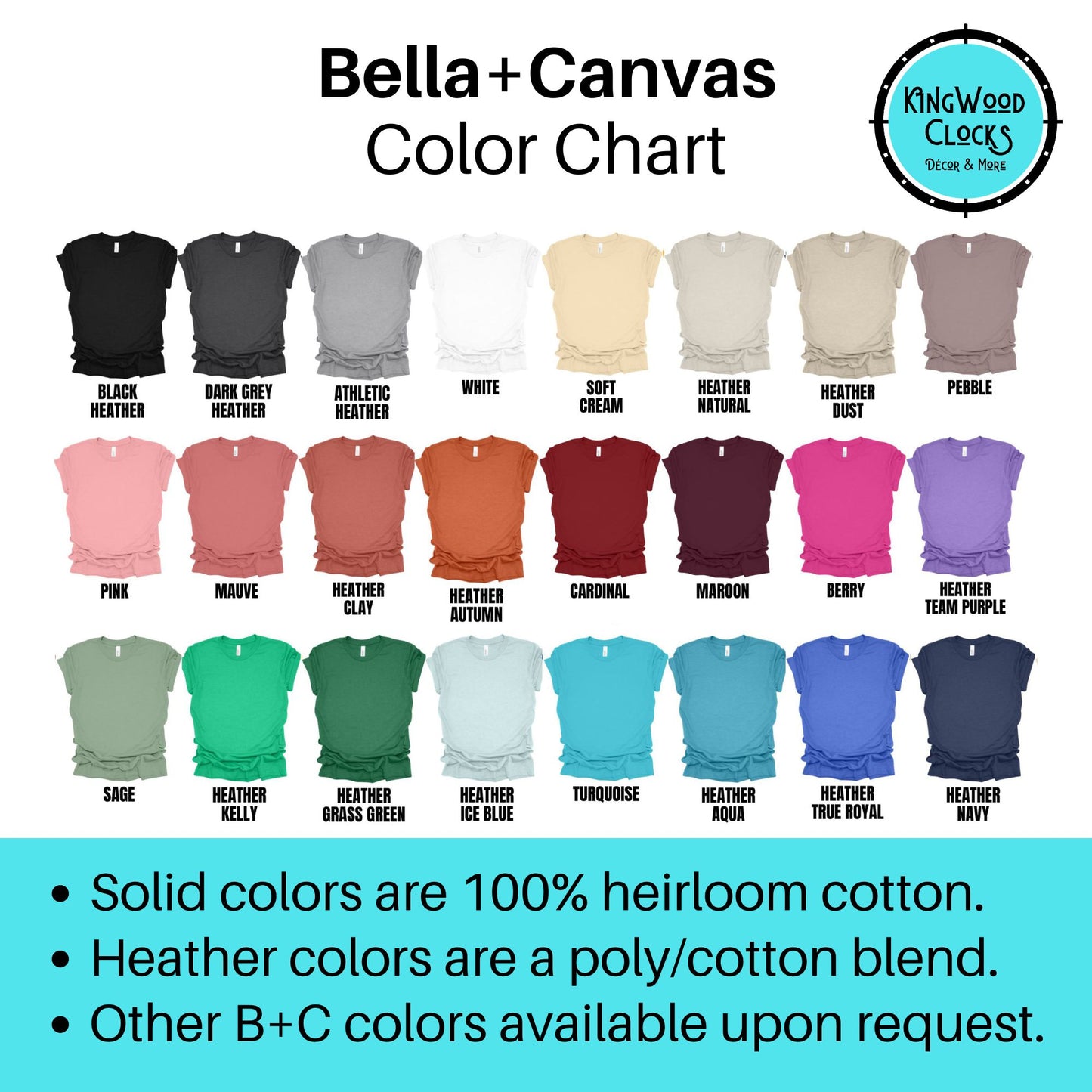 Bella+Canvas color chart with various shirt colors and descriptions.