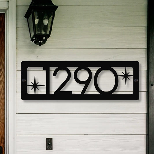 Horizontal Address Sign, Custom Metal Numbers and MCM Starburst Decor shown in black on front porch entry
