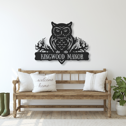 Wooden bench with pillows and a decorative owl wall sign in a room.
