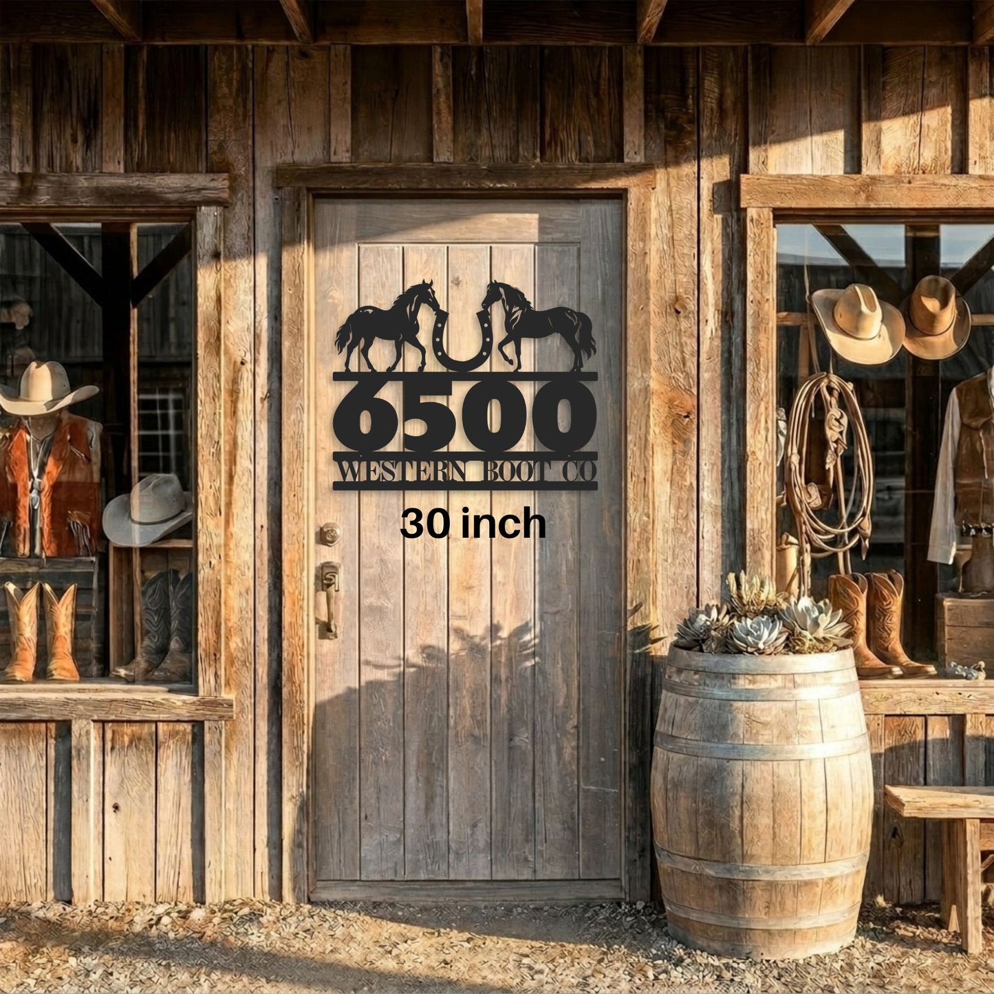 Personalized Horse Ranch Address Sign, Custom Metal Address Sign Matte Black, Equestrian House Numbers Plaque, Farmhouse Outdoor Decor shown in 30 inch version on western boot storefront