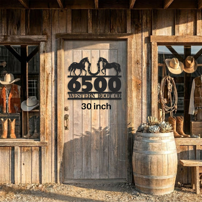 Personalized Horse Ranch Address Sign, Custom Metal Address Sign Matte Black, Equestrian House Numbers Plaque, Farmhouse Outdoor Decor shown in 30 inch version on western boot storefront