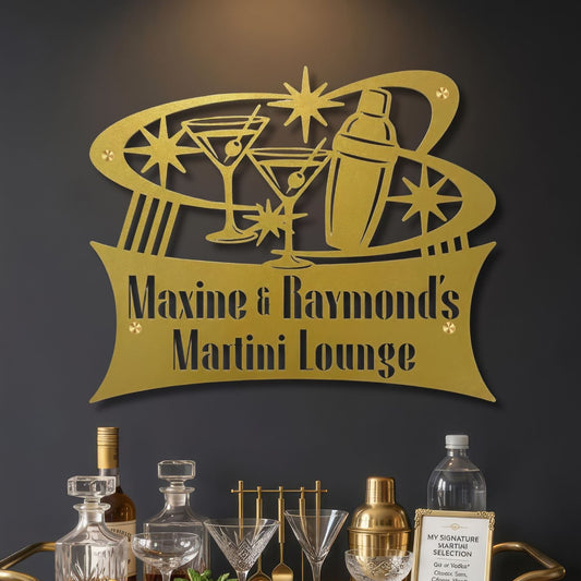 Decorative metal sign for a martini lounge with barware and bottles on a stand.
