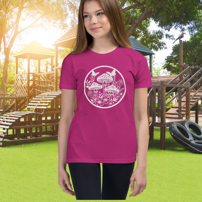 Mushroom Garden T-Shirt, Unisex Youth, Toadstool Apparel, Botanical Garden Nerd, Butterfly Girl, Matching Mom and Daughter Twinning Outfits