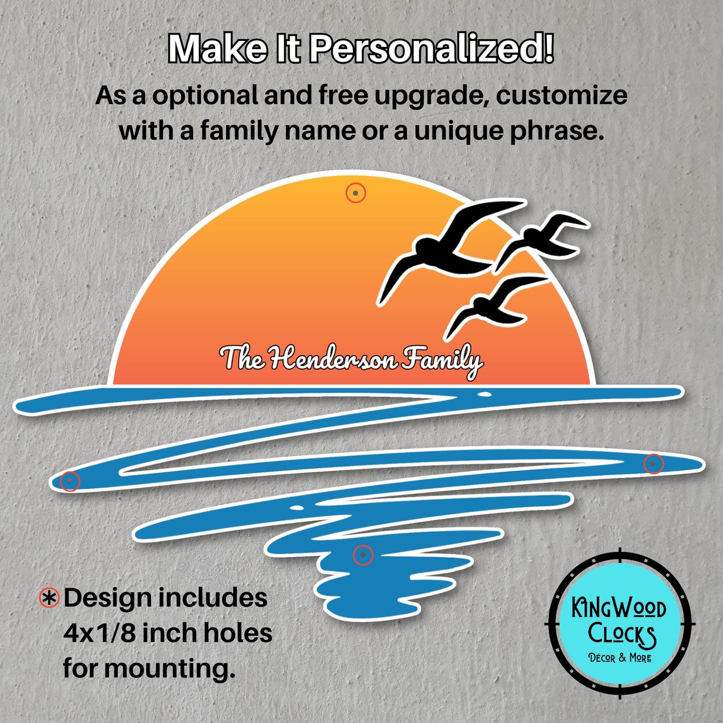 Decorative design with sunset, birds, and text on a gray background, featuring Kingwood Clocks branding.