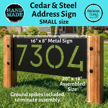 Address sign with numbers '7304' on a grassy lawn, featuring Cedar & Steel branding.