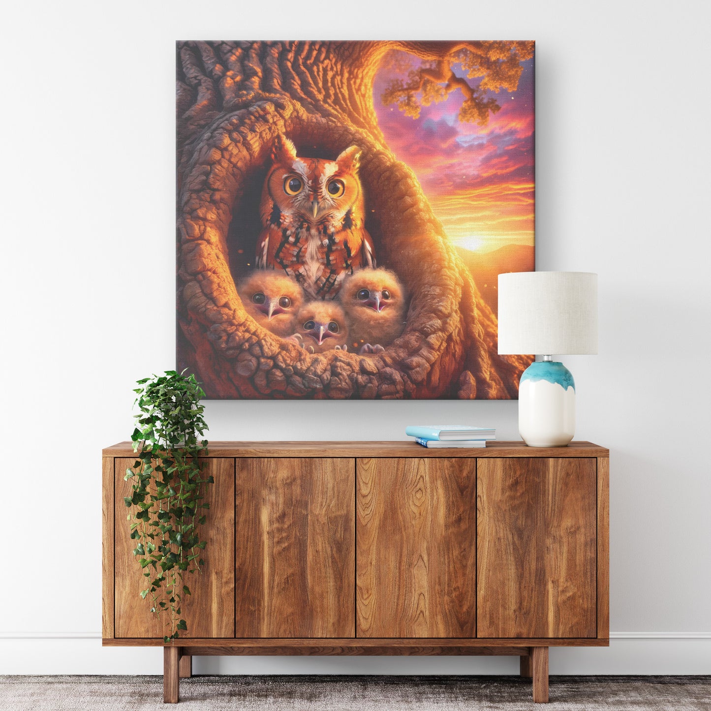 Sunset Owls Canvas Wall Art, Red Morph Screech Owl