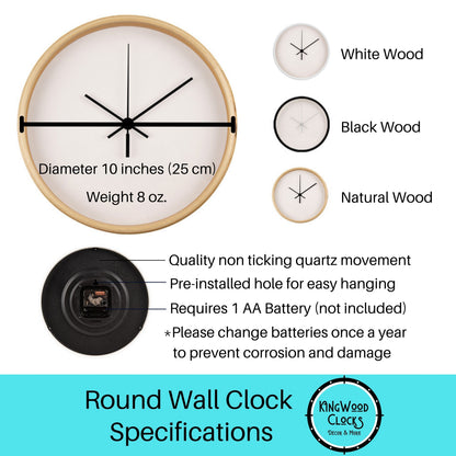 Round wall clock with specifications and color options on a white background