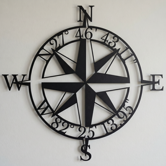 Personalized Compass Rose Custom Coordinates Metal Wall Art Wedding Gift, Meaningful Anniversary Gift for Couple, Where We Met Location Sign shown in black