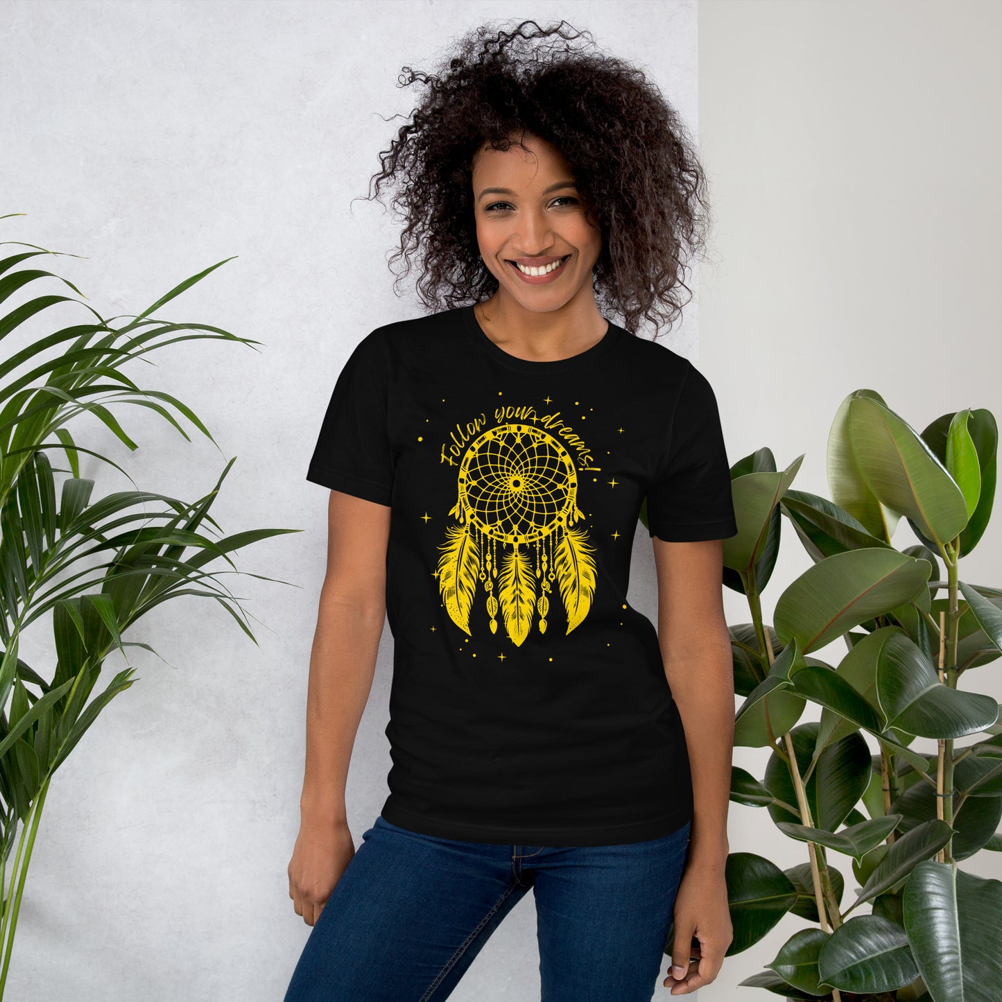 Starry Dreamcatcher T-Shirt, Unisex, Native American Style, Follow Your Dreams, Boho Apparel, Girls Outfits, Womens TShirts, For Her Gifts black on woman