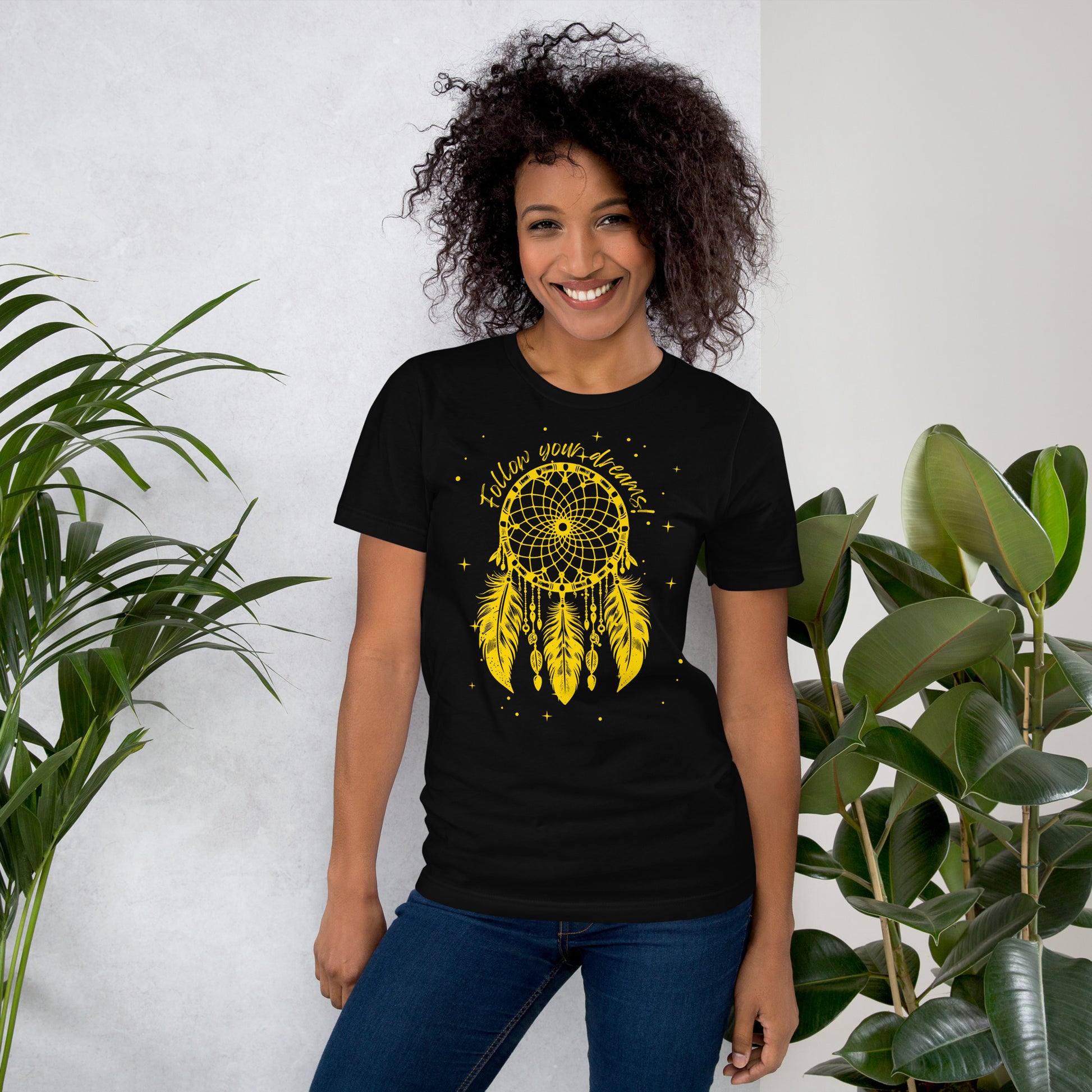 Starry Dreamcatcher T-Shirt, Unisex, Native American Style, Follow Your Dreams, Boho Apparel, Girls Outfits, Womens TShirts, For Her Gifts black on woman