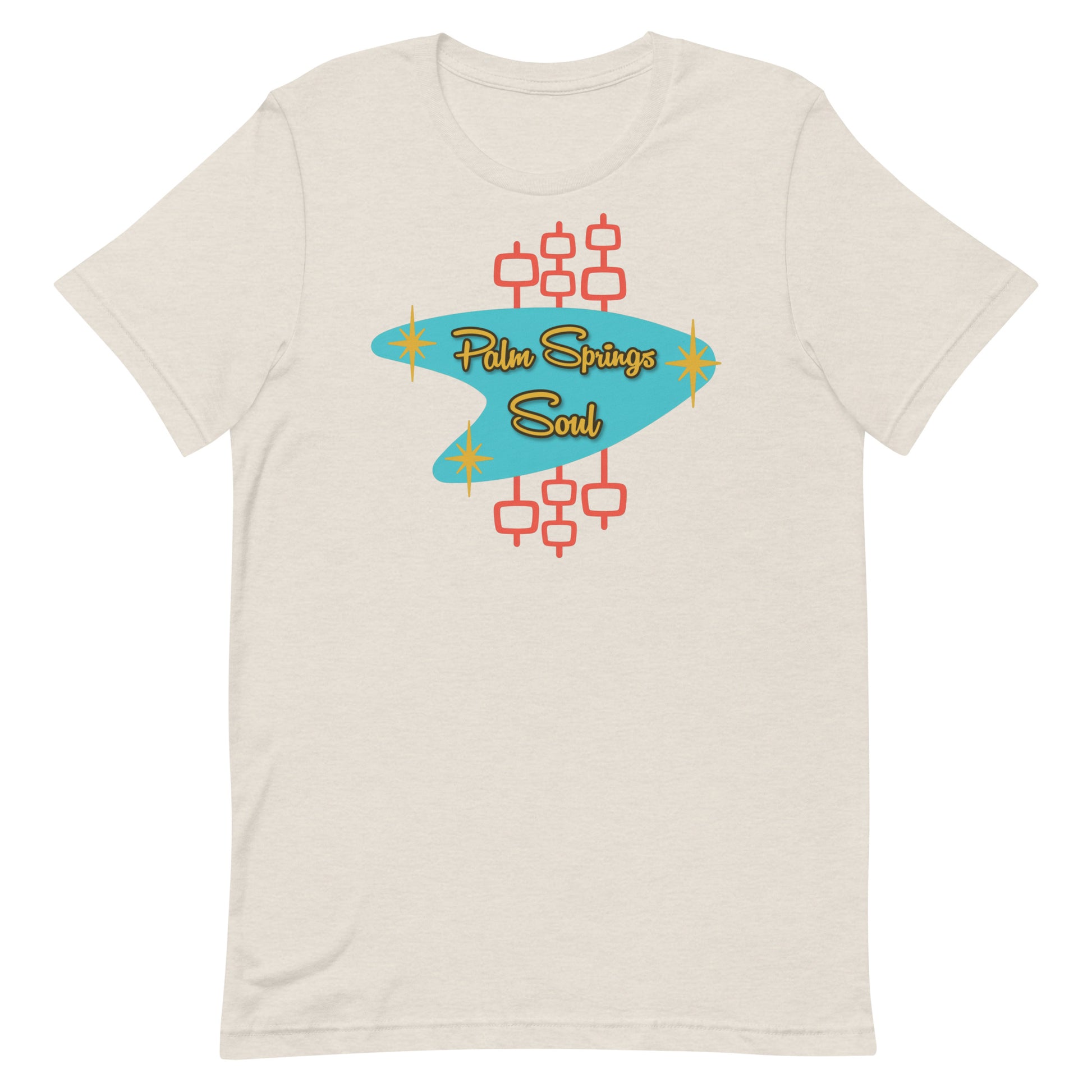 Heather Dust Beige t-shirt with 'Palm Springs Soul' design on a white background