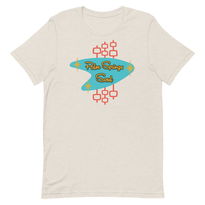 Heather Dust Beige t-shirt with 'Palm Springs Soul' design on a white background