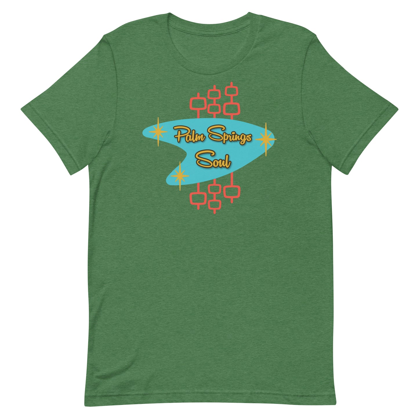 Heather Grass Green t-shirt with 'Palm Springs Soul' design on a white background
