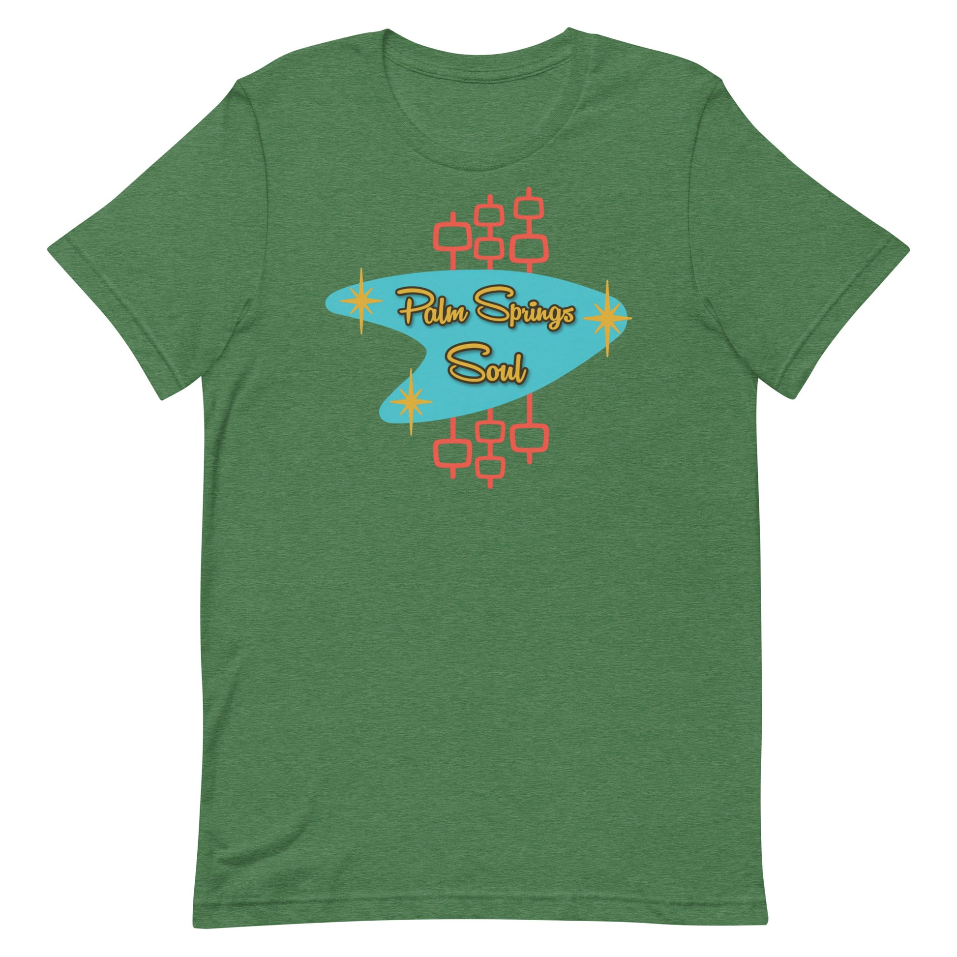 Heather Grass Green t-shirt with 'Palm Springs Soul' design on a white background
