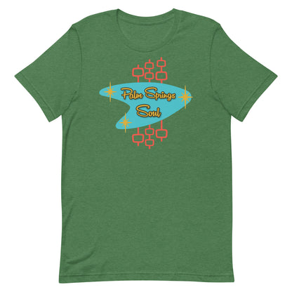 Heather Grass Green t-shirt with 'Palm Springs Soul' design on a white background