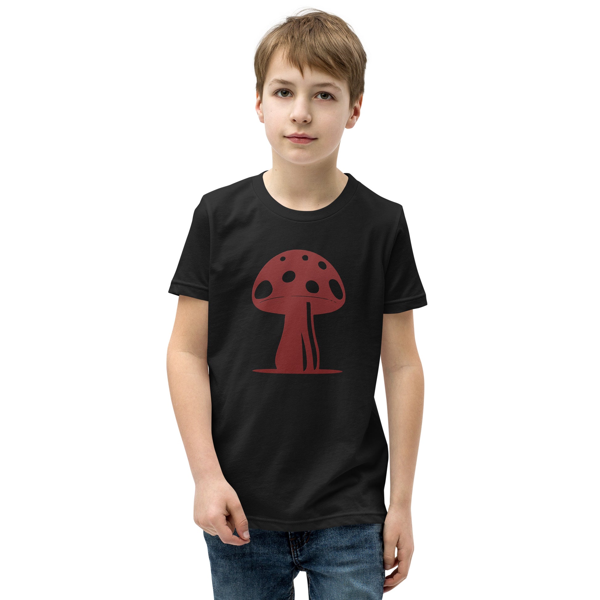 My Mushroom T-Shirt, Unisex Youth Size, Matching Family Apparel, Nature Theme Girls Outfits, Twin Mom & Daughter Clothing, Retro Garden Tee boy in black