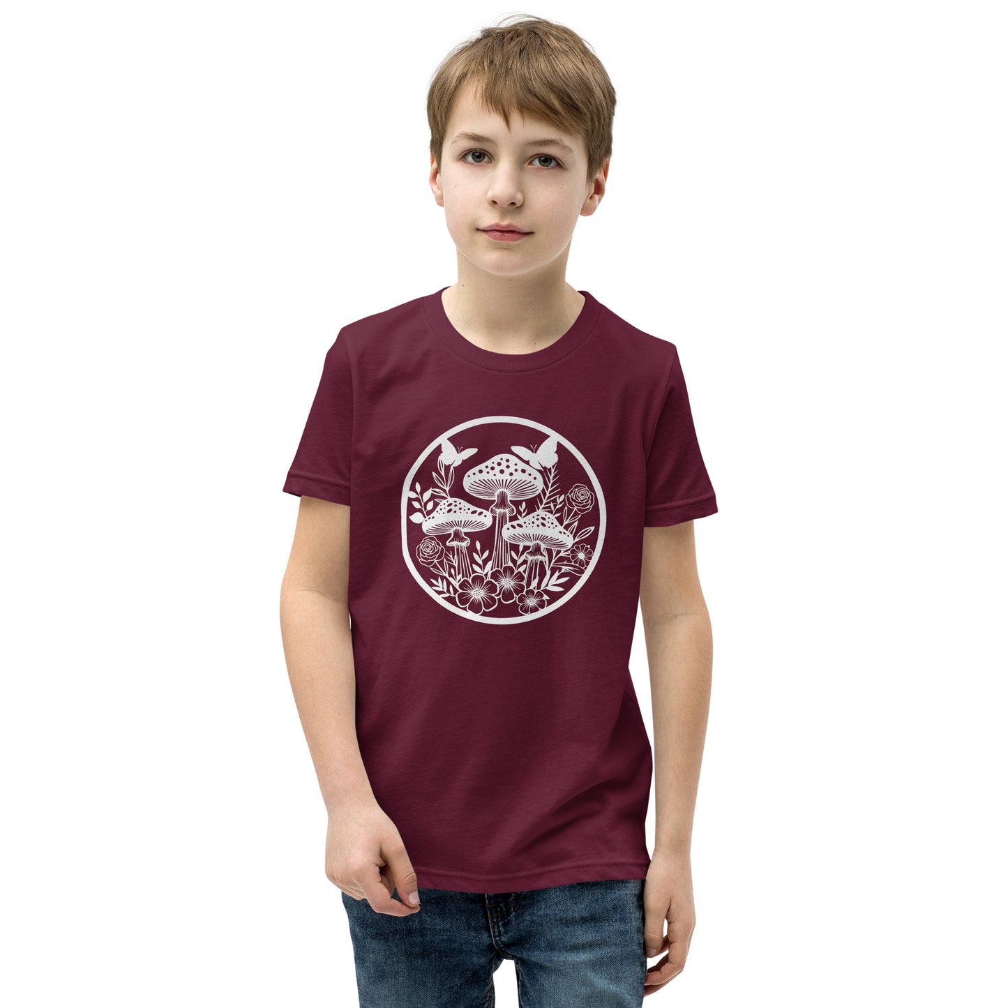 Mushroom Garden T-Shirt, Unisex Youth, Toadstool Apparel, Botanical Garden Nerd, Butterfly Girl, Matching Mom and Daughter Twinning Outfits