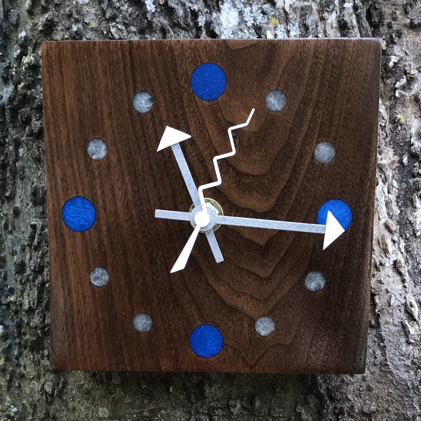 KingWood Reclaimed Walnut Slab Wall Clock w/ Epoxy Inlay Electric Blue & Pearl White