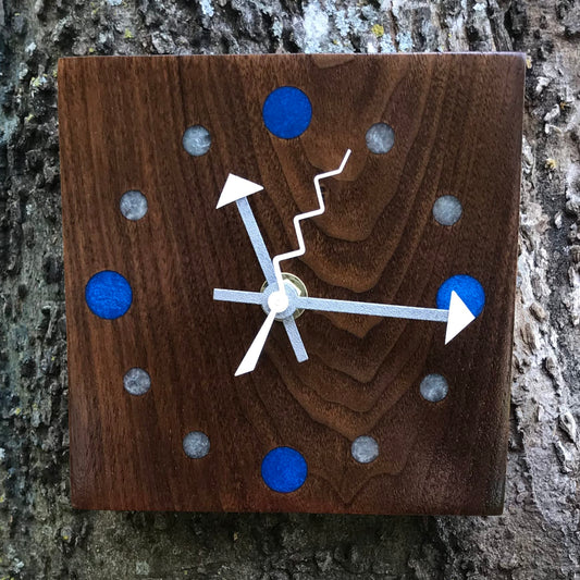 KingWood Reclaimed Walnut Slab Wall Clock w/ Epoxy Inlay Electric Blue & Pearl White