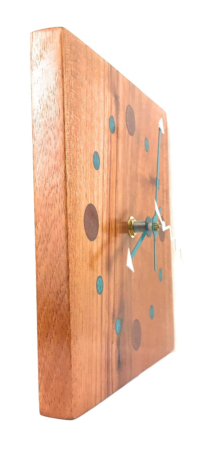 KingWood Mahogany Wood Wall Clock w/ Epoxy Inlay Turquoise & Burnt Orange