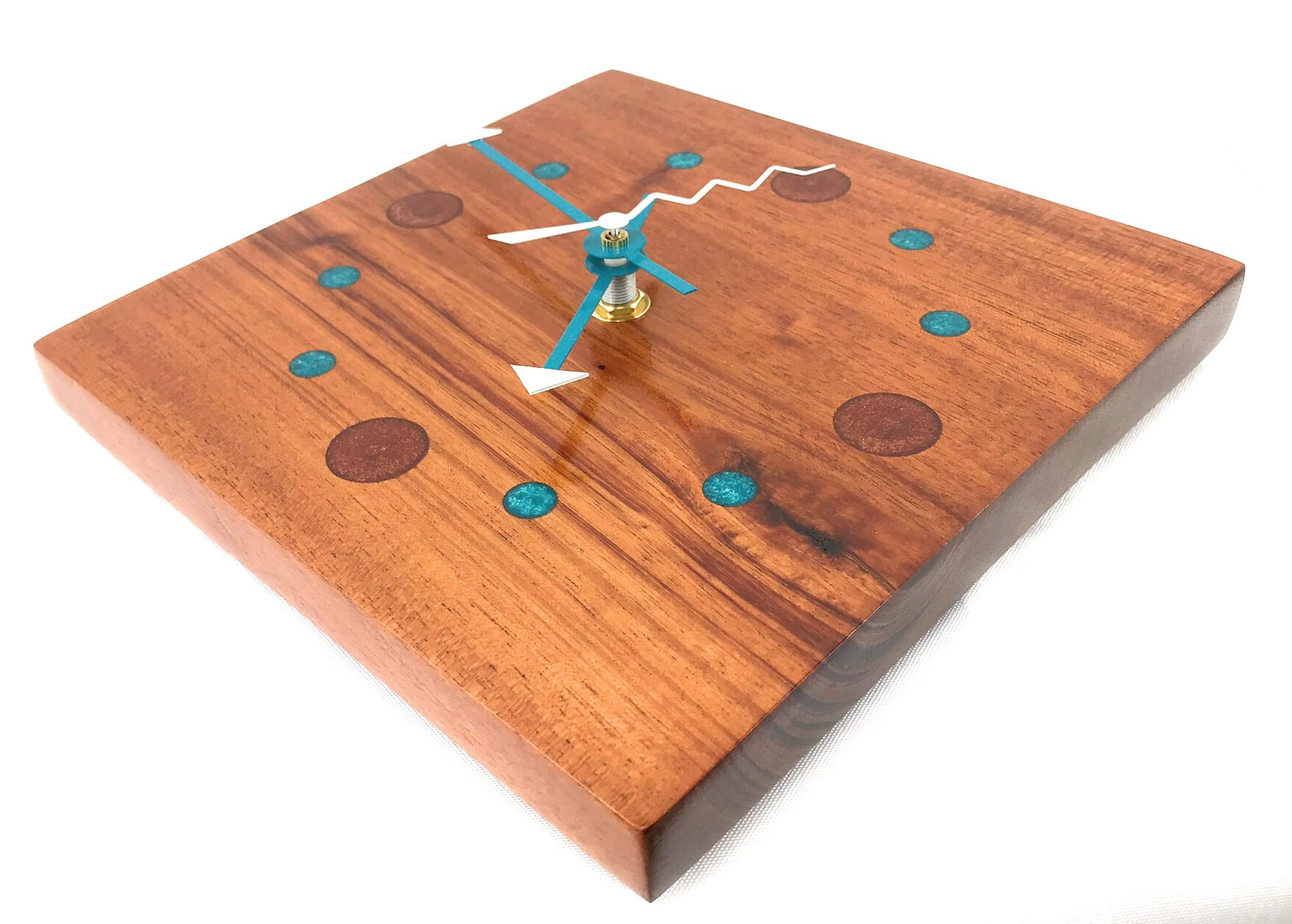 KingWood Mahogany Wood Wall Clock w/ Epoxy Inlay Turquoise & Burnt Orange