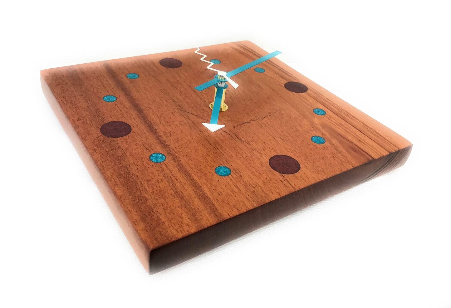 KingWood Mahogany Wood Wall Clock w/ Epoxy Inlay Turquoise & Burnt Orange