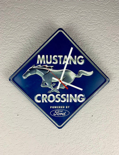 Ford Mustang Metal Sign Wall Clock on grey wall