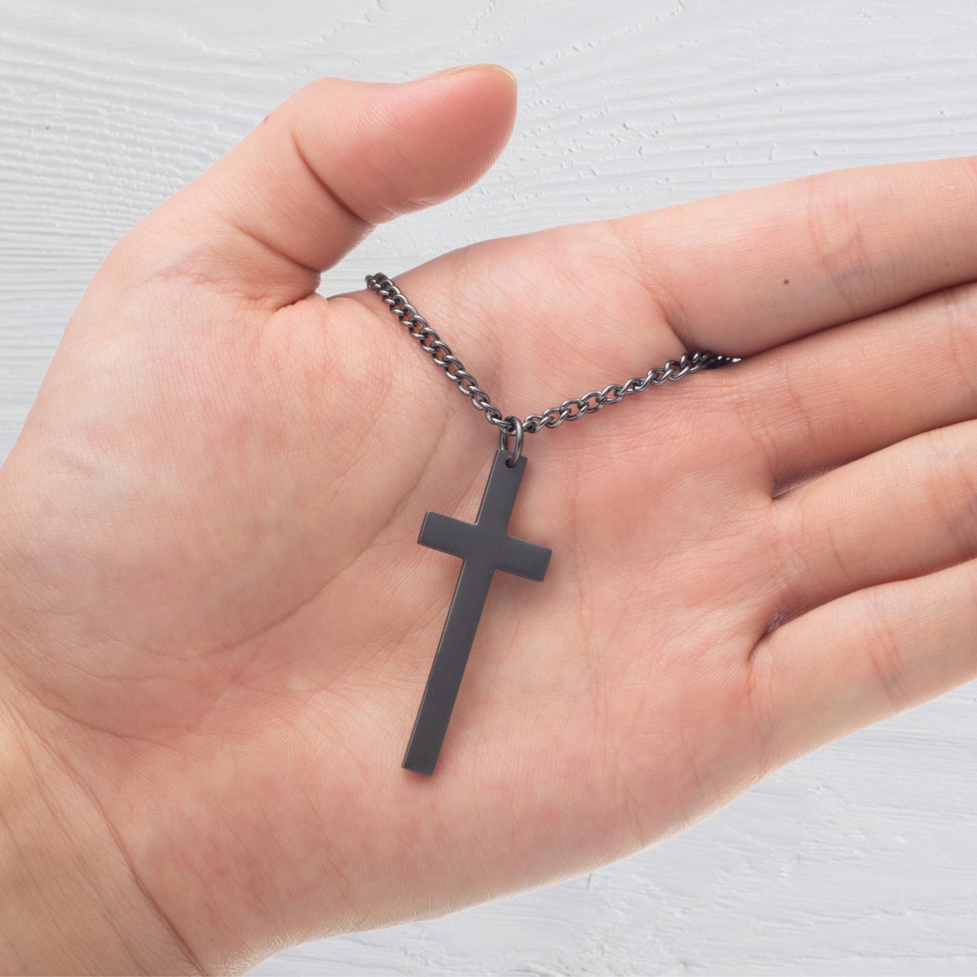 Sacred Cross Necklace, Bible Verse Psalm 23, Yosemite Sunset in hand