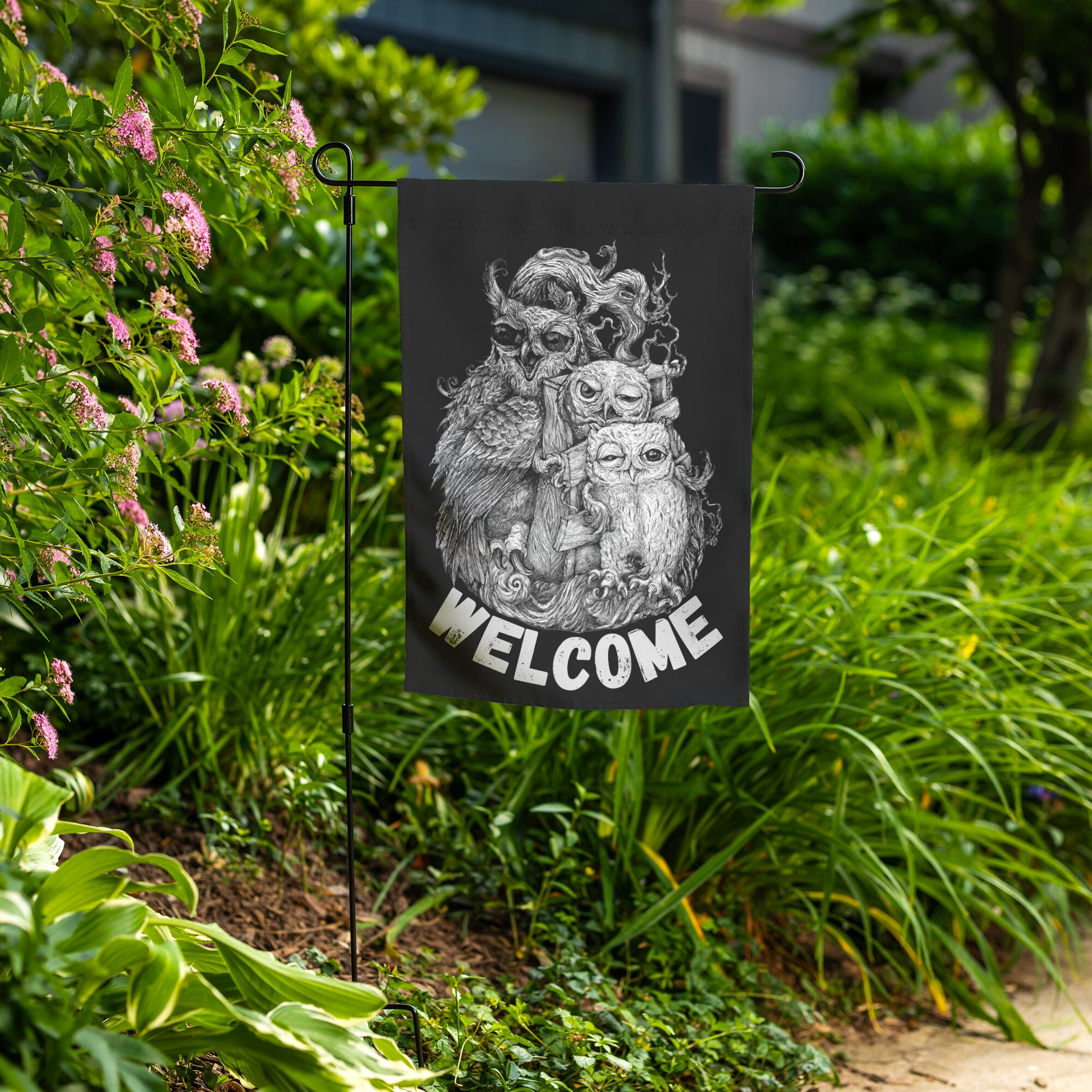 KingWood Owls Welcome Garden Banner in garden